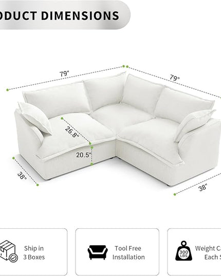 Cloud Modular Sectional Sofa,V Shape Linen Convertible Couches,Down Fill Sectional Sofas,Detachable Couch Cushion Covers,3 Seater Corner Couch for Living Room,Cream White