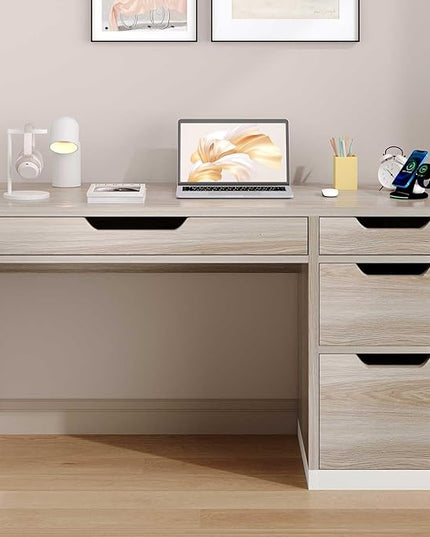 52 Inch Desk with 4 Drawers, Computer Desk with Storage File Cabinet for Bedroom, Small Office Desk with Storage for Small Space, White and Walnut