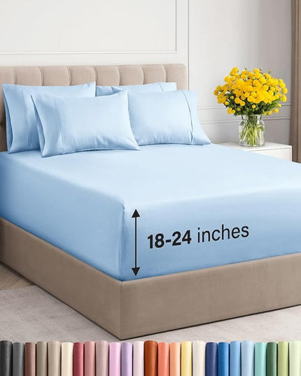 Extra Deep Full Sheet Set - 6 Piece Breathable & Cooling Sheets - Hotel Luxury Bed Sheets Set - Easy & Secure Fit - Soft, Wrinkle Free & Comfy Sheets Set - Light Blue Sheet Set with Extra Deep Pockets
