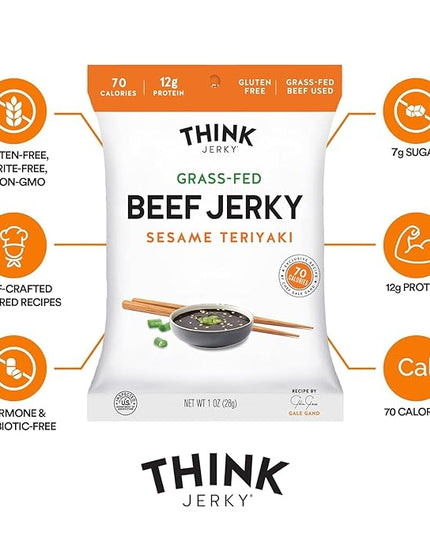 Think Jerky Sesame Teriyaki Beef Jerky, Grass-Fed High Protein Beef, Gluten Free, No Antibiotics or Nitrates, Healthy Chef Crafted Recipe, Low Calorie and Low Fat - 1.0 oz Bags, 12 Pack