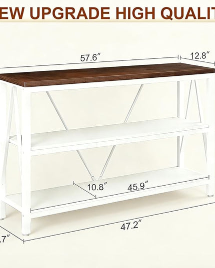 HOMISSUE Entryway Console Table, Rustic Console Tables with Wide Storage, Industrial Foyer for Entry with 3-Tier Open Shelves, White, 47 Inch