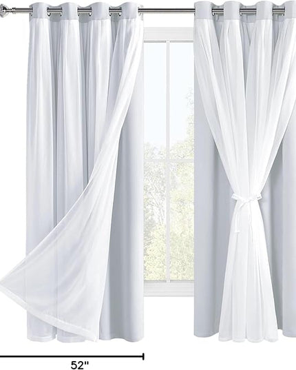 Hiasan Greyish White Blackout Curtains with Sheer Overlay, Grommet Thermal Insulated Mix & Match Double Layer Window Curtains for Girls Bedroom, Living Room, 2 Panels Sewn with Tiebacks, 52W X 63L
