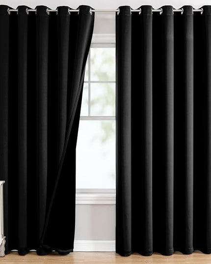 ChrisDowa 100% Blackout Curtains 84 inch Long for Bedroom with Black Liner, Extra Wide 2 Thick Layers Total Blackout Thermal Insulated Grommet Window Curtains 2 Panels Set (Black, 60 x 84 Inch)