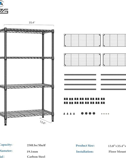1000 lbs 4 Tier Shelf Metal Storage Shelves Shelving Wire Rack Heavy Duty Closet Organizers for Garage Kitchen Bathroom Laundry Black 13.8" D x 35.4" W x 59.5" H