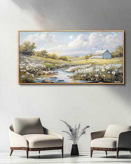 PHAOHUAXM Wall Art For Living Room Large Canvas Wall Decor For Bedroom Flower Watercolour Painting Office Decoration Countryside Scenery Mural Artwork Ready To Hang Home Decor 24x48 In Wood Framed