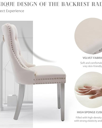 SoarFlash Velvet Dining Chairs Set of 2, Tall Back Side Chair, Modern Upholstered High-end Tufted Side Chair with Button Back Ring, Silver Plated Legs (Beige)