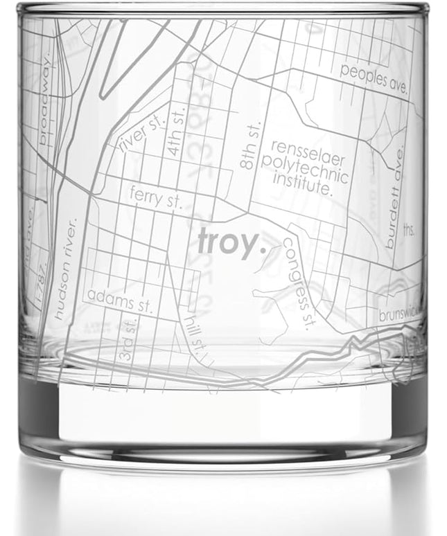 Well Told Engraved Troy New York Map Rocks Glass, Old Fashioned Glassware (11 oz, Clear) Etched Bourbon Tumbler, Gifts For Whiskey Lovers