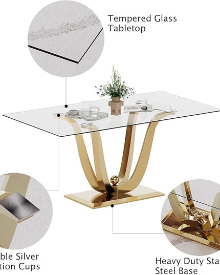 70'' Glass Dining Table for 4-8 People, Tempered Glass Top and Gold U Stainless Steel Base, Large Dining Room Desk for 6, Modern Glass Gold Kitchen Table for 6