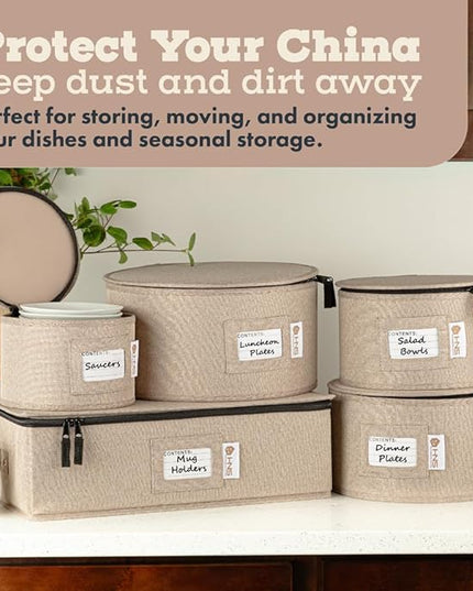 Hard Shell China Storage Containers 5-Piece Set Moving Boxes for Dinnerware, Glasses, Plates, Mugs and Saucers Sturdy Dish Organizer with Dividers for Seasonal Storage - Service for 12 - Brown