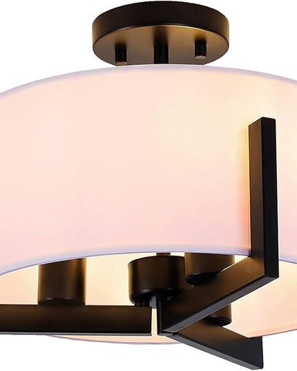 14 inch Black Semi Flush Mount Ceiling Light, 3-Light Modern Lighting Fixtures Ceiling Mount with White Drum Fabric Shade for Bedroom Entryway Hallway