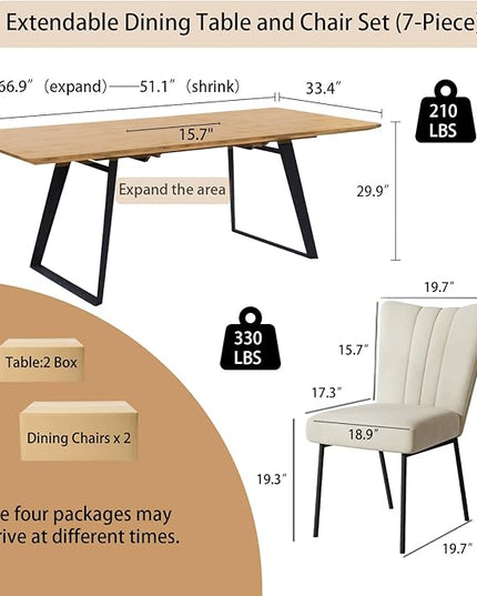 7-Piece Dining Table Set, 51"-67" Extendable Mid-Century Modern Oak Table with 6 Upholstered Chairs, White Fabric Seats, Leather Backrest, Metal Frame, Space-Saving Design for Kitchen & Dining Room