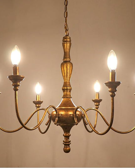 6-Light Antique Gold Chandelier for Dining Room, Farmhouse Rustic Chandelier, Adjustable Vintage Hanging Light Fixture for Bedroom, Kitchen, Living Room, Entryway, Foyer