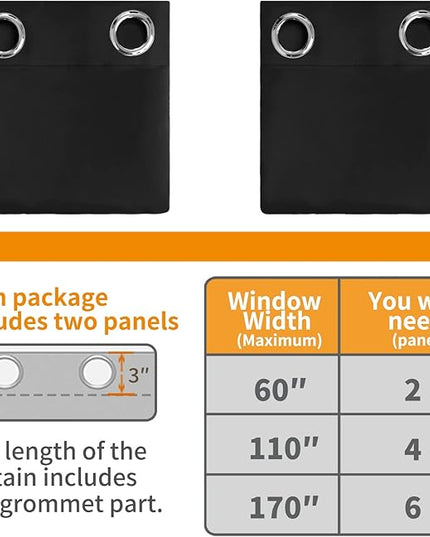 YoungsTex Black 100% Blackout Curtains 63 Inches for Bedroom Thermal Insulated Total Room Darkening Curtains for Living Room Window with Black Back Grommet, 2 Panels, 42 x 63 Inch