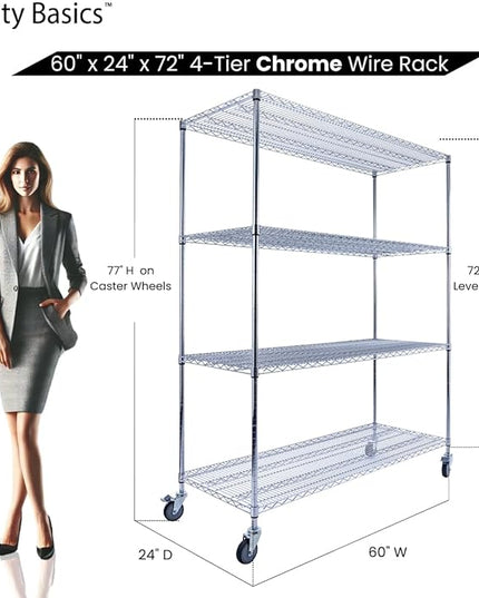 NSF Commercial 4-Tier Wire Shelving with Wheels, 60"x24"x72" Heavy Duty Metal Shelves 3200 lbs Max Capacity, Chrome Storage Rack for Garage Kitchen Pantry Warehouse