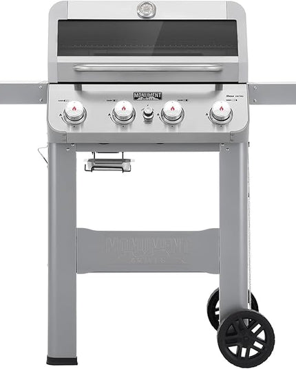 Monument Grills 4-Burner Liquid Propane Gas Grill, Silver Stainless Steel Grill Outdoor Patio Garden Barbecue Grill with Clearview® Lid and One Foldable Shelf, Mesa400MF