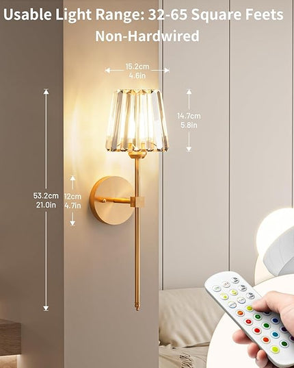 Crystal Battery Operated Wall Sconces Set of 2, Gold Rechargeable Wireless Wall Sconce Lights with Crystal Lampshade, 12 RGB and 3CCT Dimmable Wall Lamps with Remote for Bedroom Living Room Hallway