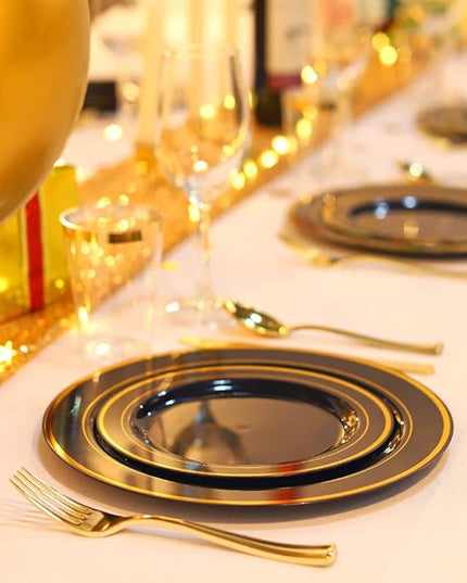 bUCLA 100 Pieces Black and Gold Plastic Dessert Plates - 7.5inch Disposable Salad/Appetizer Plates - Ideal for Party, Graduation & New Year