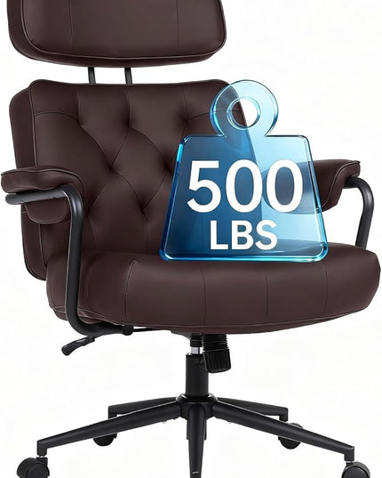 Big and Tall Office Chair 500LBS, Executive Office Chair for Heavy People, Heavy Duty Desk Chair Comfy, Computer Chair High Back PU Leather, Extra Wide Rocking Chair with Wheels for Home Office, Brown