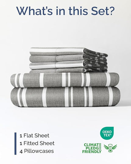 Extra Deep Cal King Sheet Set - 6 Piece Breathable & Cooling Sheets - Hotel Luxury Bed Sheets Set - Easy Fit - Soft, Wrinkle Free & Comfy Sheets Set - Grey Striped Sheet Set with Extra Deep Pockets