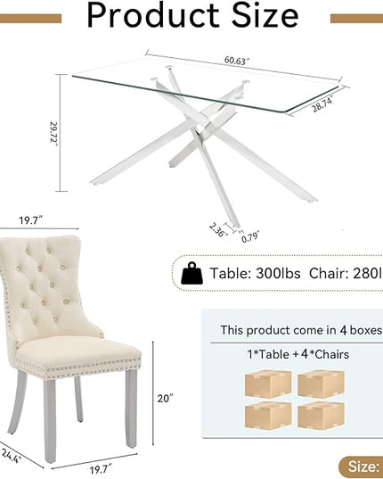 Modern 5-Piece Glass Dining Table Set for 4, Modern 60" Rectangle Silver Glass Dining Room Table Set with Milk White Velvet Tufted Chairs Wood Legs for Kitchen Dining Room