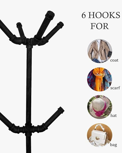 Industrial Coat Rack,Metal Pipe Coat Rack Stand Freestanding with 6 Hooks,Heavy Duty Coat Tree Sturdy Coat Racks for Entryway, Hallway, Bedroom (Black)