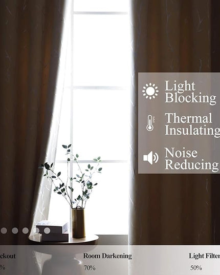 BUHUA Beige Blackout Curtains 63 Inch Lengt Long for Living Room, Room Darkening Curtains with Silver Branch Print, Grommet Thermal Insulated Window Treatment Drapes for Bedroom 2 Panels，66 x 63 Inch