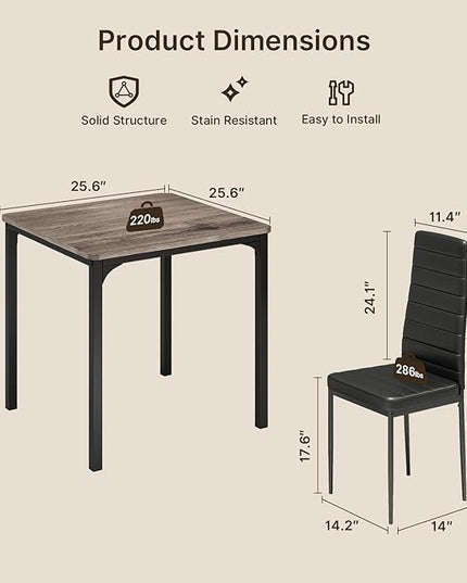 Gizoon Kitchen Table for 2, Table and Chairs Set of 2, 3 Piece Dinner Table Set with 2 Upholstered PU Leather Chairs for Dining Room, Living Room, Apartment, Small Space, Grey