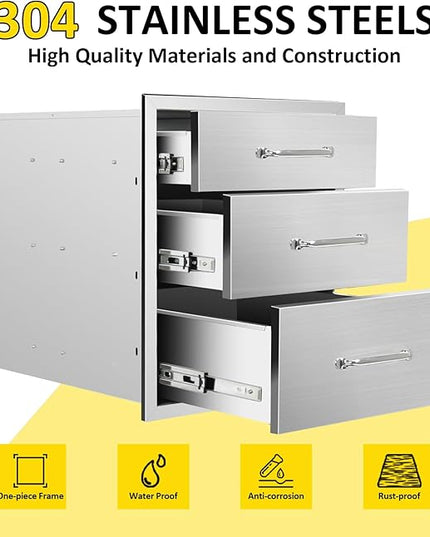 Outdoor Kitchen Drawers 18" W x 21" H x 23" D Flush Mount Triple BBQ Drawers with Chrome Handle Stainless Steel Drawer for Outdoor Kitchen Island, Patio Grill Station