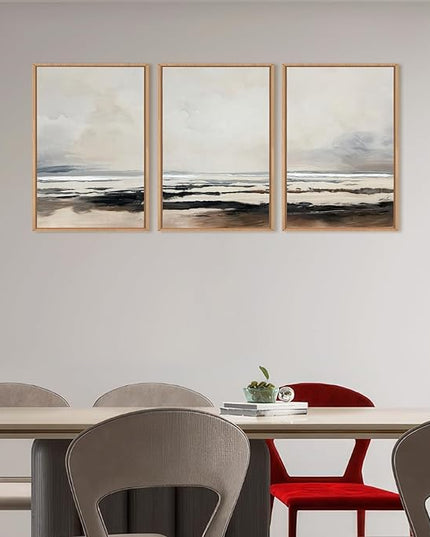 HOURIA Large Neutral Abstract Gray Framed Wall Art Set,Minimalist Modern Beige Brown Landscape Wall Decor,Wilderness Filed Artwork,Watercolor Misty Lake Print for Living Room,Bedroom,Office- 24"x36"x3