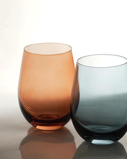Colored Stemless Wine Glasses for Red or White Wine (Set of 2), 18-Ounces, Large Wine Glasses for Cabernet, Pinot Noir, Burgundy, Bordeaux (Blue&Orange O Wineglass Set of 2)