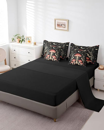 Feelyou Mushroom 7 Piece Bedding Set King Size Wild Fungus Comforter Set with Sheets for Kids Adult Botanical Plants Bed in a Bag Butterfly Bed Set