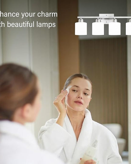 4 Light Bathroom Light Fixtures, Brushed Nickel Vanity Lights for Bathroom with Milky White Frosted Glass Shade, Wall Lights for Mirror Bedroom Living Room E26 Base