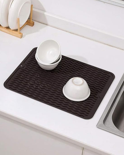 Silicone Dish Drying Mat for Multiple Usage,Easy clean,Eco-friendly,Heat-resistant Silicone Mat for Kitchen Counter or Sink,Refrigerator or drawer liner Coffee L 16 inches x 12 inches