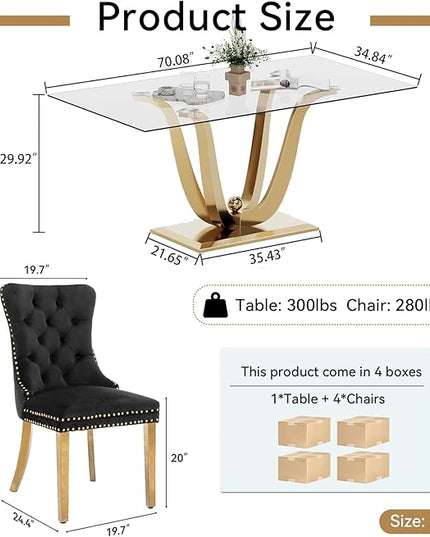 HomVent 70'' Glass Dining Table Set for 4, Modern Rectangle Kitchen Table Set for 4, Glass Dinner Table and Chairs Set for 4 for Living Room,Kitchen