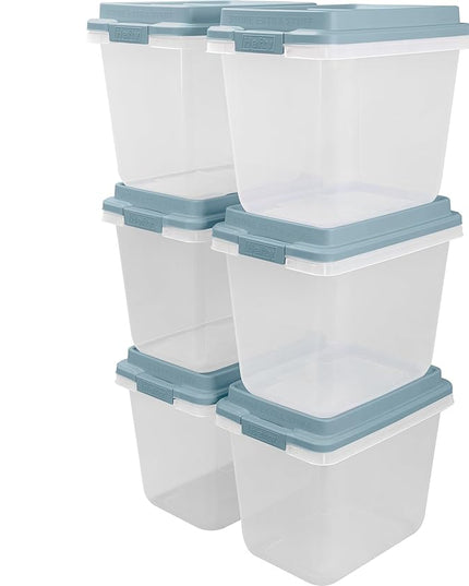 Hefty HI-RISE 32 Qt Stackable Storage Bins with Lids – 6 Pack Clear Plastic Under Bed Storage Containers, Shoe Organizer Boxes with XL Lid-Locking Latches, Comfort-Grip Handles, Durable Double Rim
