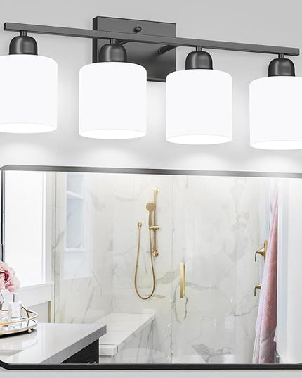 4-Light Black Bathroom Vanity Light, Light Fixtures with Milky White Frosted Glass Shades, Black Vanity Light for Bathroom Mirror, Bedroom, Living Room, Vanity Table, E26 Base