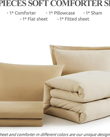 WRENSONGE Twin Comforter Set- 5 Pieces Beige, All Season Twin XL Bedding Sets with 1 Fitted Sheet, 1 Flat Sheet, 1 Pillow Sham and 1 Pillowcase