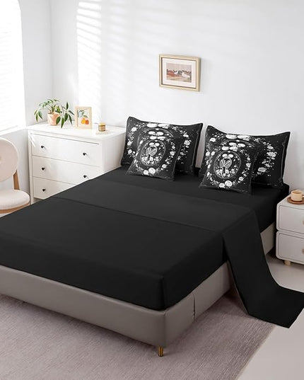 Feelyou Sun and Moon Comforter Set Queen Size 7 Pieces Comforters Gothic Skull Skeleton Bedding Set Rustic Garden Flower Bed Set Bed in a Bag with Comforter, Sheets, Pillowcases & Cushion Covers