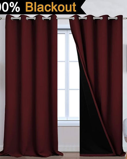 Yakamok 100% Blackout Window Curtain Panels, Heat and Full Light Blocking Drapes with Black Liner for Dedroom,Thermal Insulated Draperies for Living Room(Burgundy Red, 2 Pieces, 52Wx108L)