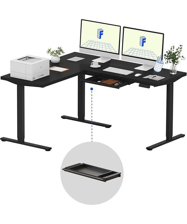 FLEXISPOT L Shaped Standing Desk, 63 x 55 Inch Electric Height Adjustable Corner Desk, Sit Stand Computer Workstation, Preset Controller, Home Office, Black Frame with Black Top, Black Drawer