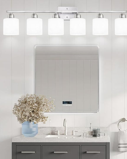 Brushed Nickel Vanity Light for Large Mirror, 6 Light Bathroom Lighting Fixtures Over Mirror with Milky White Frosted Glass Shades, 38 inch Bathroom Light for Mirrors, E26 Socket