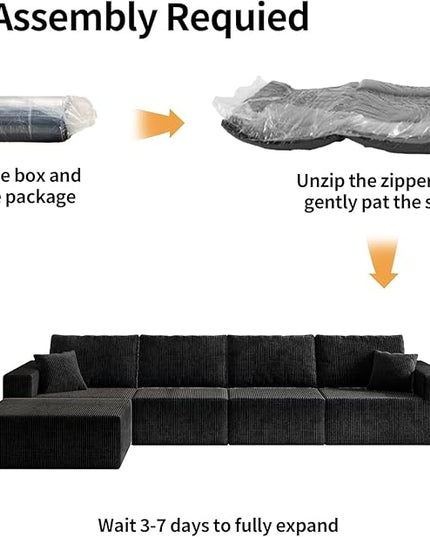139" Boneless Cloud Sectional Couch for Living Room, Compressed Modular L-Shaped Sofa with Deep Seat, Frameless Corduroy Couch in Boxes, No Assembly Required 4-Seater (Left-Facing Chaise, Black)