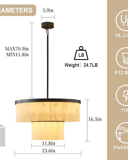 Alabaster Chandelier 2-Tier D24 Round Chandeliers, Modern Dining Room Chandelier Marble Pendant Light Farmhouse for Living Room, Bedroom, Foyer, Kitchen, Entryway Black(Include Bulbs)