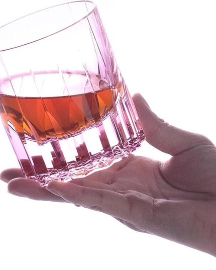 KAMMAK Crystal Whiskey Glasses Set of 2, 7.61 oz (225 ml) Hand Blown Old Fashioned Tumbler, Pink Thick Base Glass with Delicate Rim & Seamless Design for Scotch, Bourbon, Cocktails, Lead-Free Barware