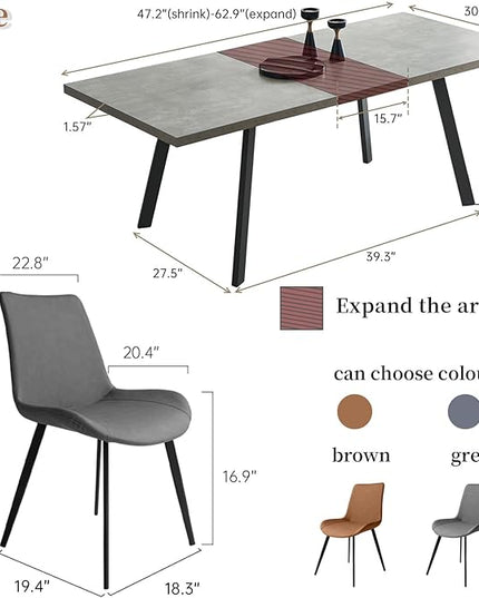 5PCS 47.2"- 62.9" Extendable Dining Table Set, Kitchen Table with PU Leather Dining Chairs for 4-6 Person, Thickened Expandable MDF Wooden Table with Metal Legs