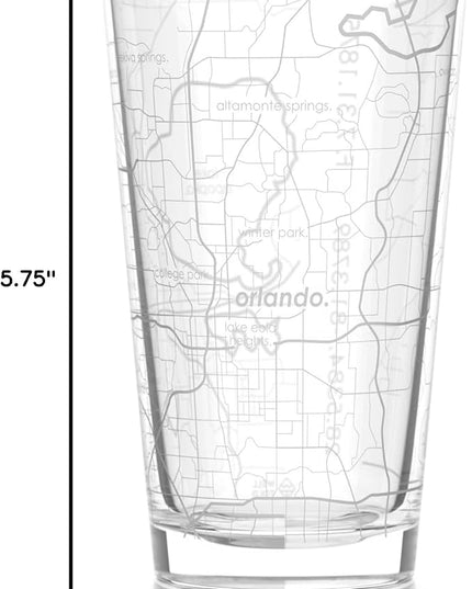 Well Told Engraved Orlando Florida Map Pint Glass, Etched Beer Gift (16 oz, Clear) City Map Pint, Custom City Glassware, Gifts For Beer Lovers
