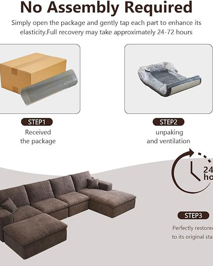 136.6'' U-Shaped Modern Modular Sectional Cloud Couch Whit Ottoman, 4-Seat Chenille Deep-Seat Sofa with Pillow for Living Room, Bedroom, Apartment, Camel