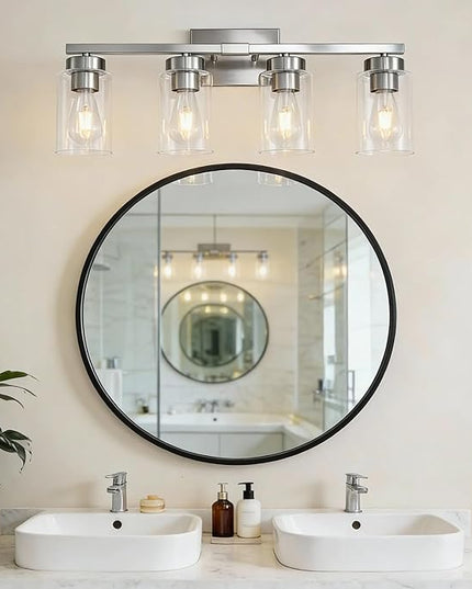4-Light Bathroom Light Fixtures, Nickel Modern Vanity Lights Over Mirror, Bathroom Wall Sconces with Clear Glass Shade for Living Room Bedroom Hallway Cabinet Porch