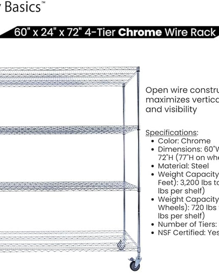 NSF Commercial 4-Tier Wire Shelving with Wheels, 60"x24"x72" Heavy Duty Metal Shelves 3200 lbs Max Capacity, Chrome Storage Rack for Garage Kitchen Pantry Warehouse