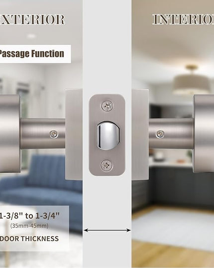 Passage Door Knobs Interior, Brushed Nickel Door Knob for Closet Doors and Hallway, Modern Interior Round Door Handles, Satin Nickel